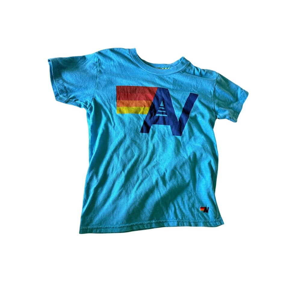 Aviator Nation Neon Blue Rainbow Logo T-Shirt sz 10